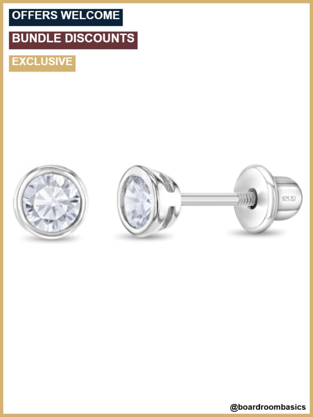 Tiny CZ Bezel Kids Earrings 925 Sterling Silver Screw Back Stud